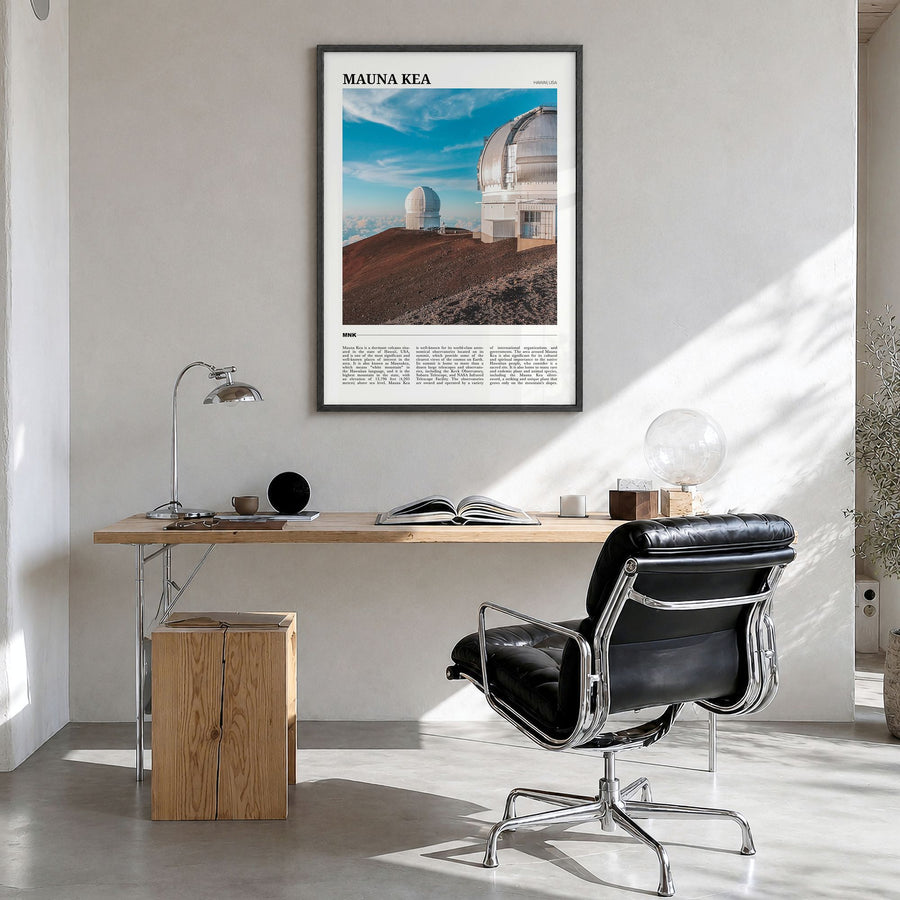 Mauna Kea Travel Poster in a black wood frame, hanging in a bright home office