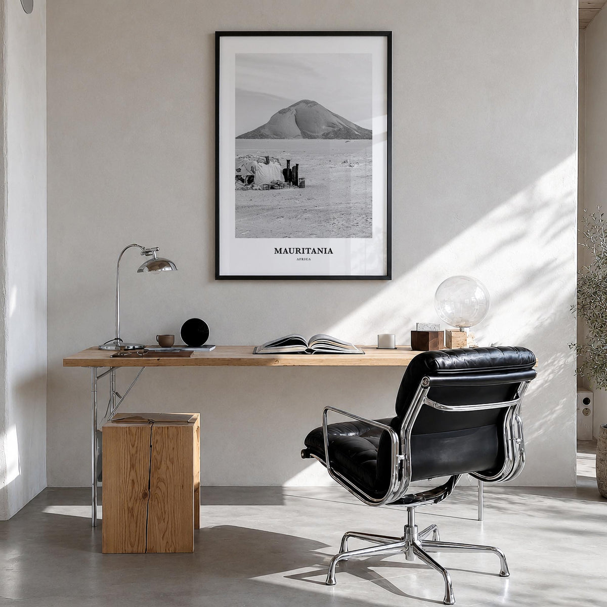 Mauritania black & white classic poster of Africa – vertical wall art in black wood frame, hanging on wall
