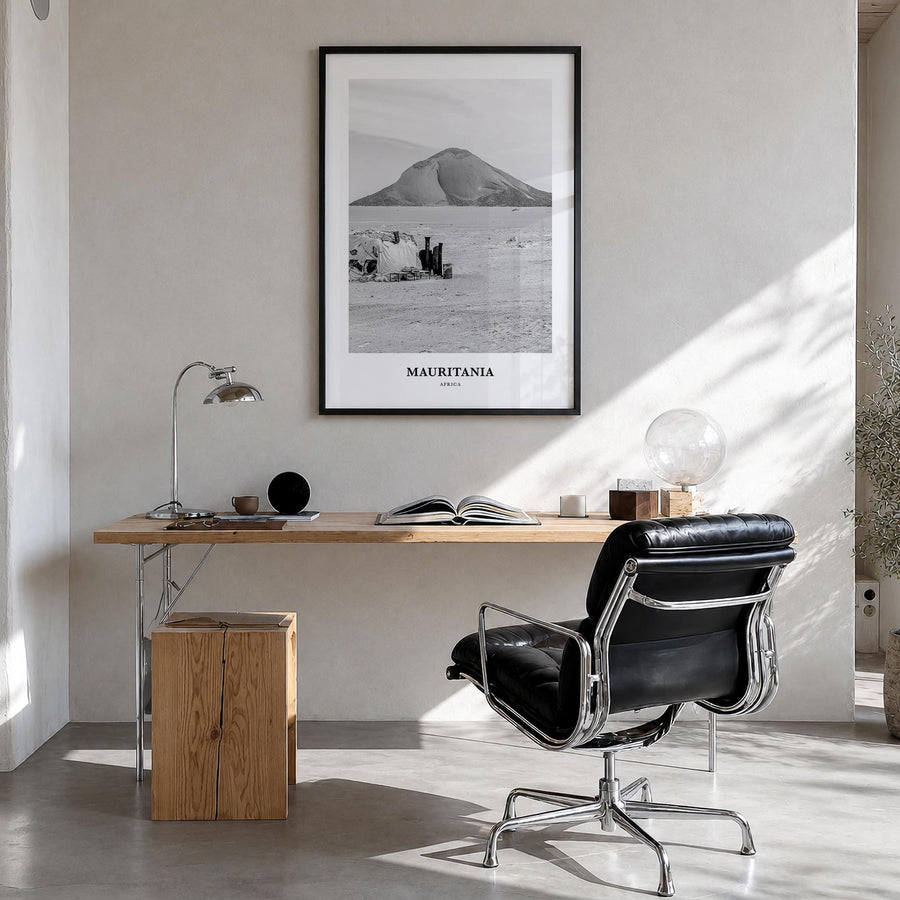 Mauritania black & white classic poster of Africa – vertical wall art in black wood frame, hanging on wall