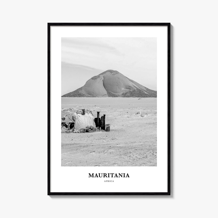 Mauritania black & white classic poster of Africa – vertical wall art, unframed print shown in interior mockup