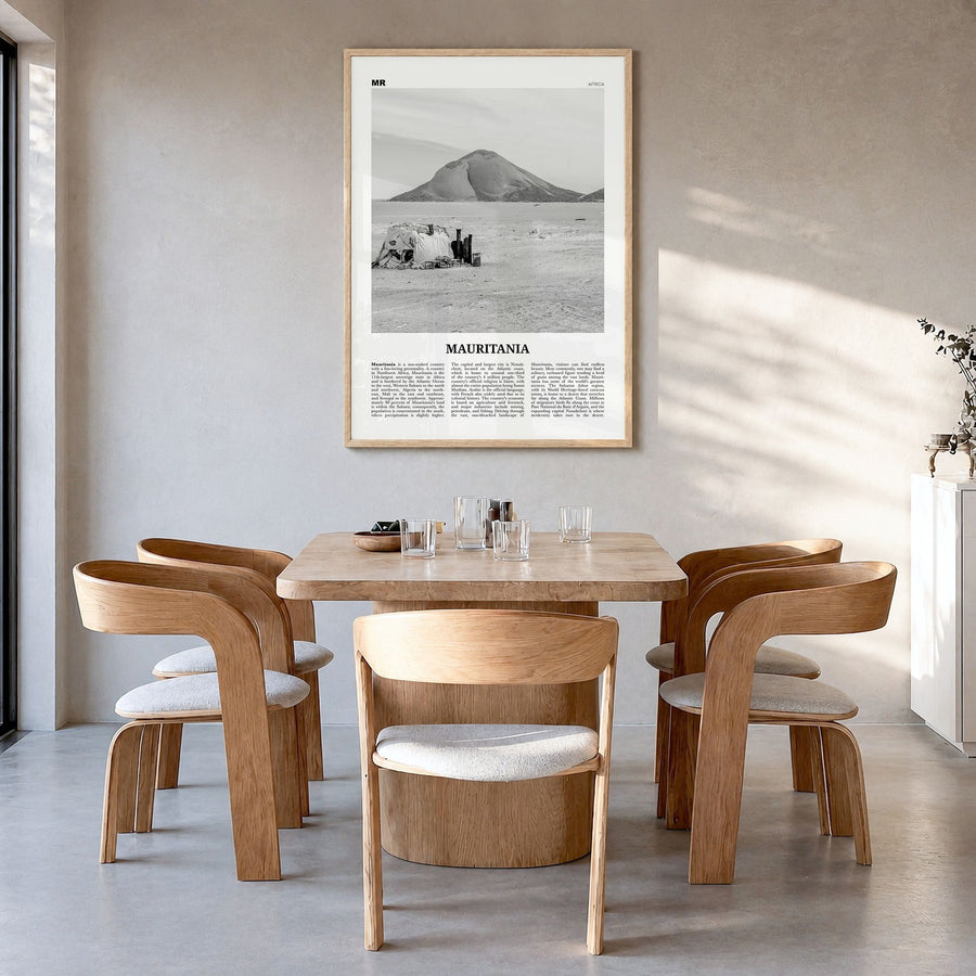 Mauritania Newspaper Poster in a natural wood frame, hanging in a dining room