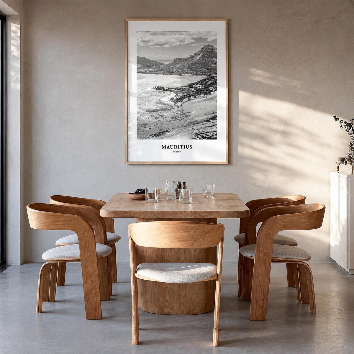 Mauritius black & white classic poster of Africa – vertical wall art in natural wood frame, hanging on wall
