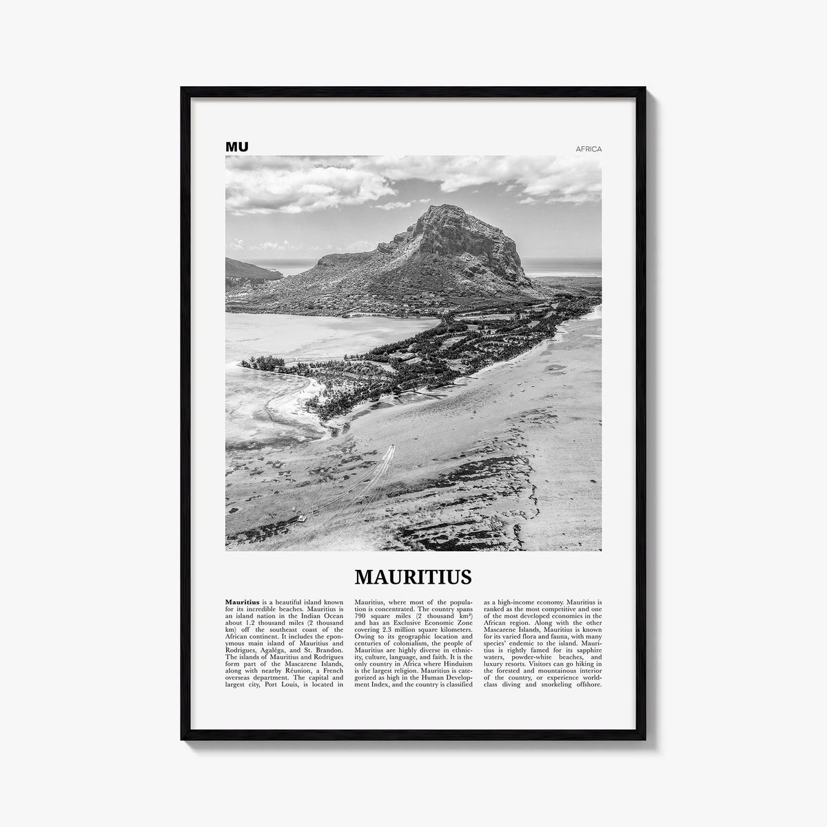 Mauritius black & white newspaper poster of Africa – vertical wall art, unframed print shown in interior mockup