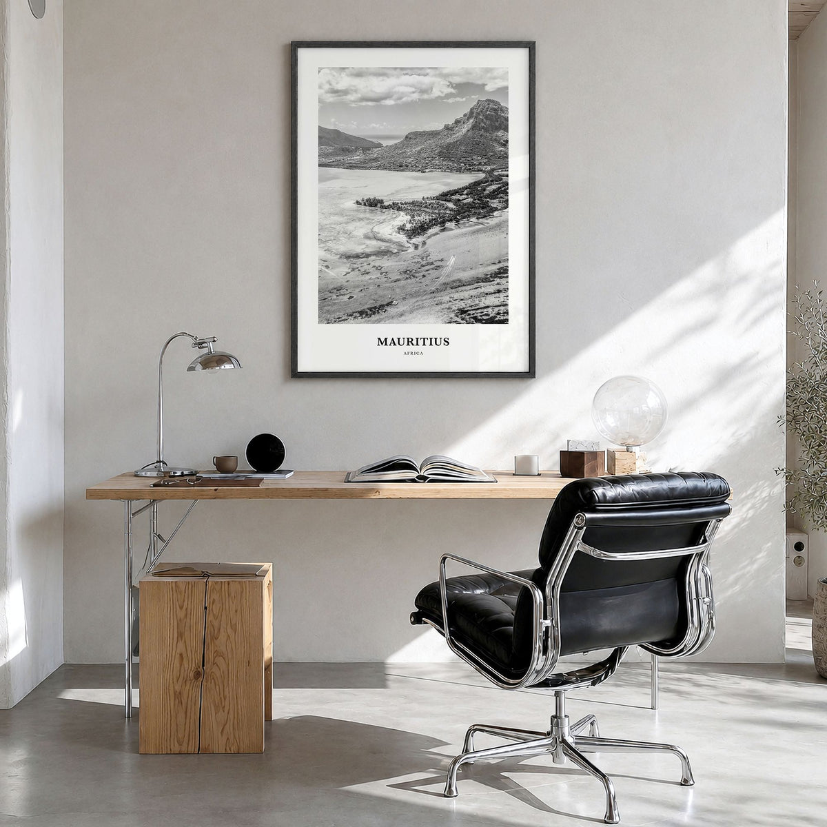 Mauritius Classic Poster in a black wood frame, hanging in a bright home office