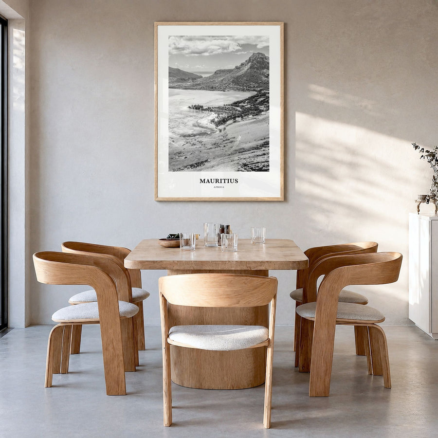 Mauritius Classic Poster in a natural wood frame, hanging in a dining room