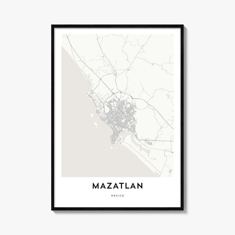 Mazatlán black & white map poster of Mexico – vertical wall art, unframed print shown in interior mockup