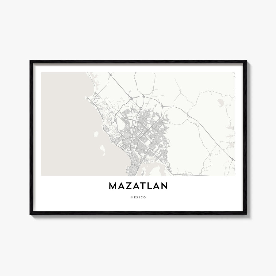 Mazatlán black & white map poster of Mexico – horizontal wall art, unframed print shown in interior mockup