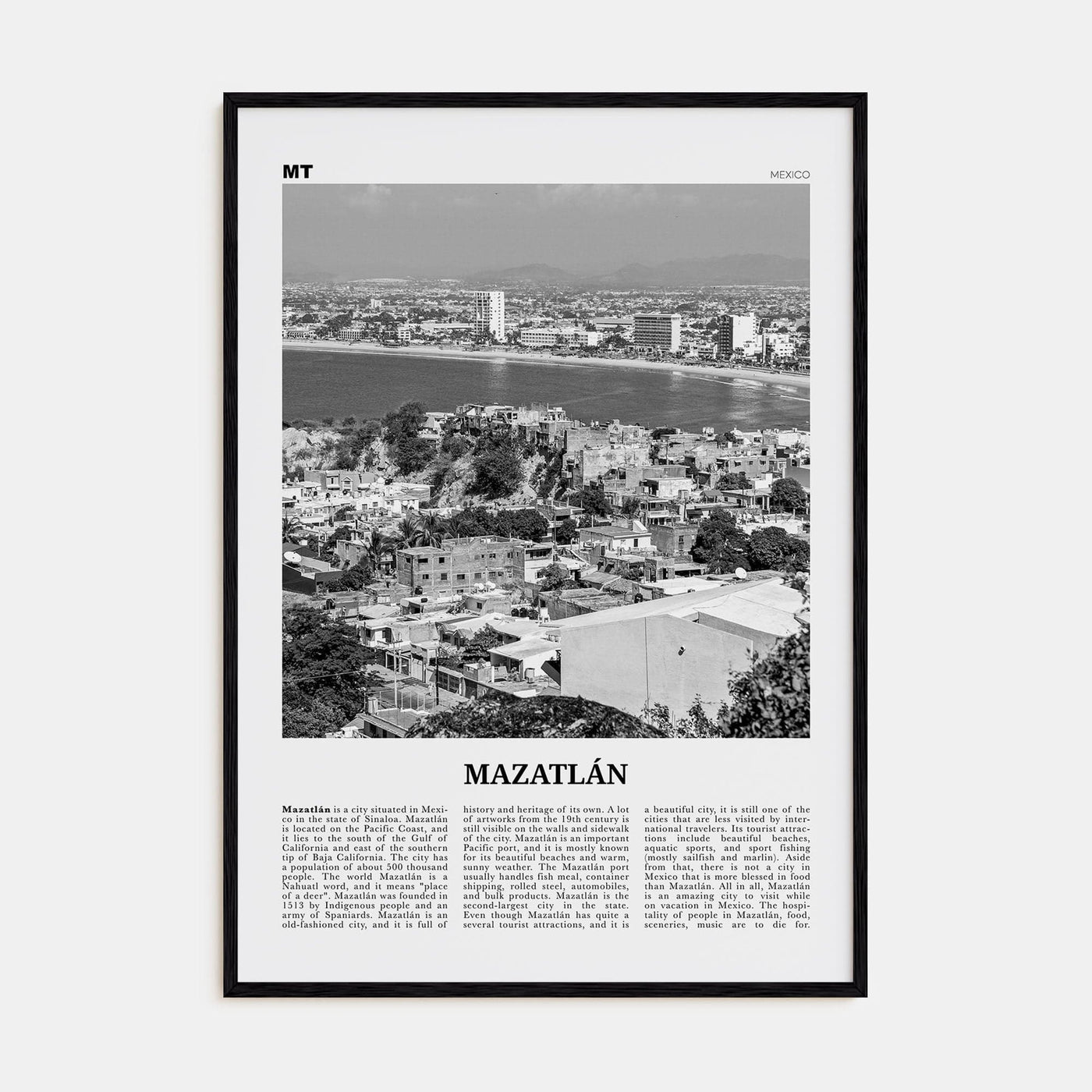 Mazatlán Poster Black Wood / 8x12 in Nbourhood Travel B&W Poster