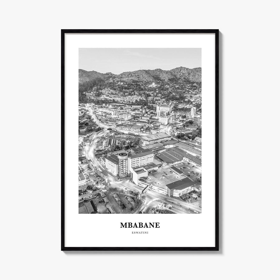 Mbabane black & white classic poster of Eswatini – vertical wall art, unframed print shown in interior mockup
