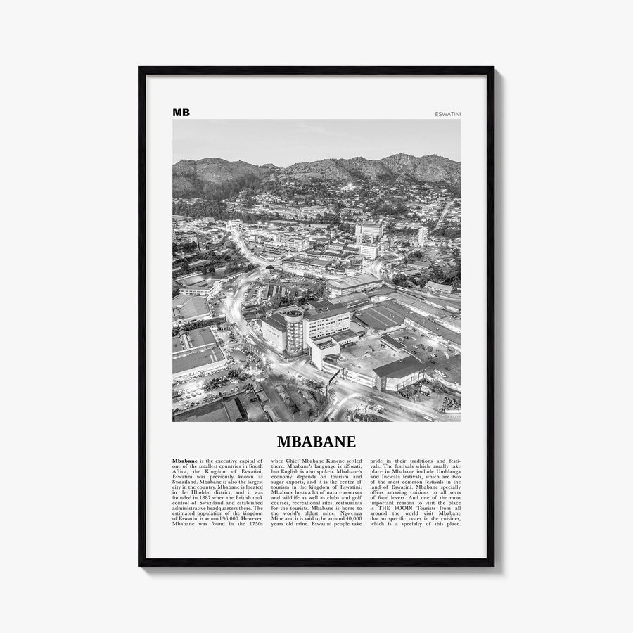 Mbabane black & white newspaper poster of Eswatini – vertical wall art, unframed print shown in interior mockup