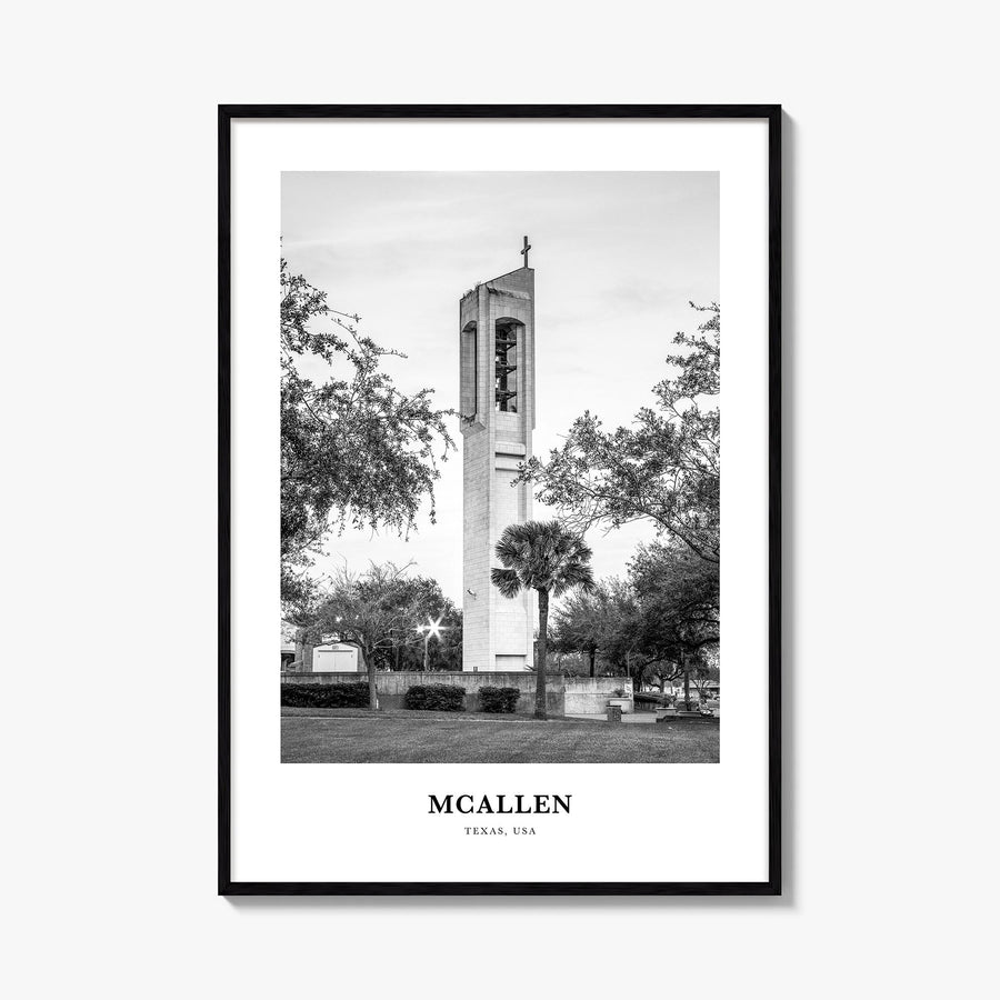 McAllen black & white classic poster of Texas, USA – vertical wall art, unframed print shown in interior mockup