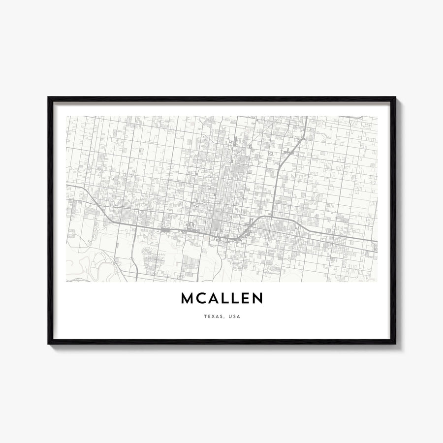 McAllen black & white map poster of Texas, USA – horizontal wall art, unframed print shown in interior mockup