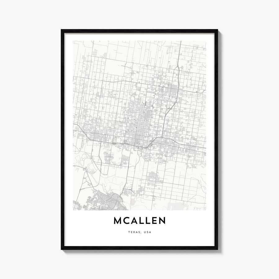 McAllen black & white map poster of Texas, USA – vertical wall art, unframed print shown in interior mockup