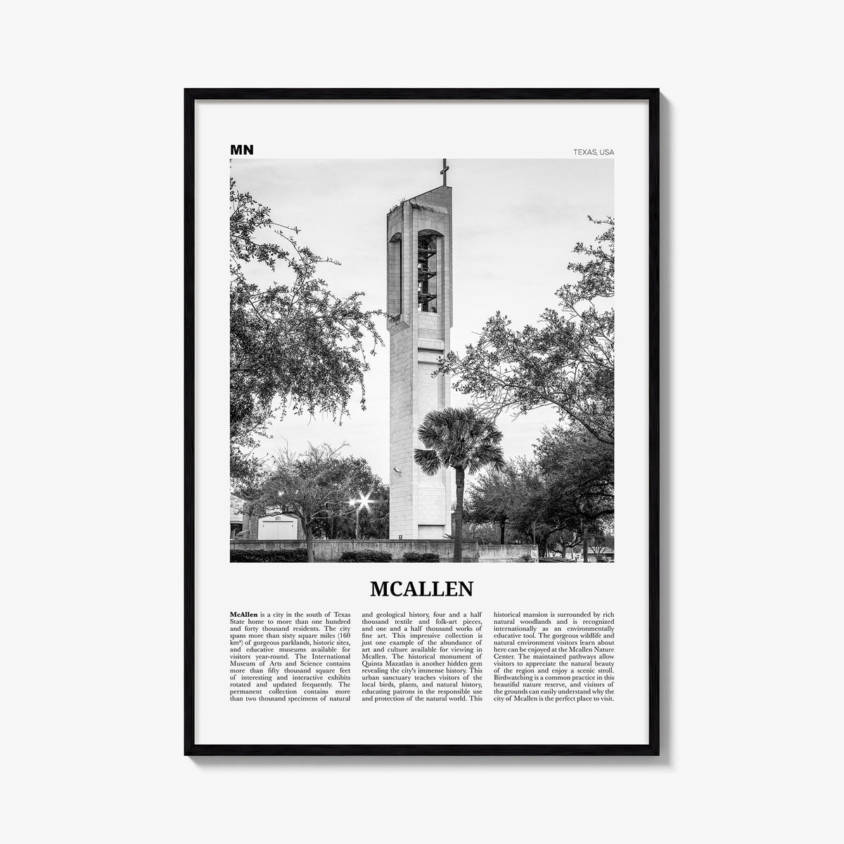 McAllen black & white newspaper poster of Texas, USA – vertical wall art, unframed print shown in interior mockup