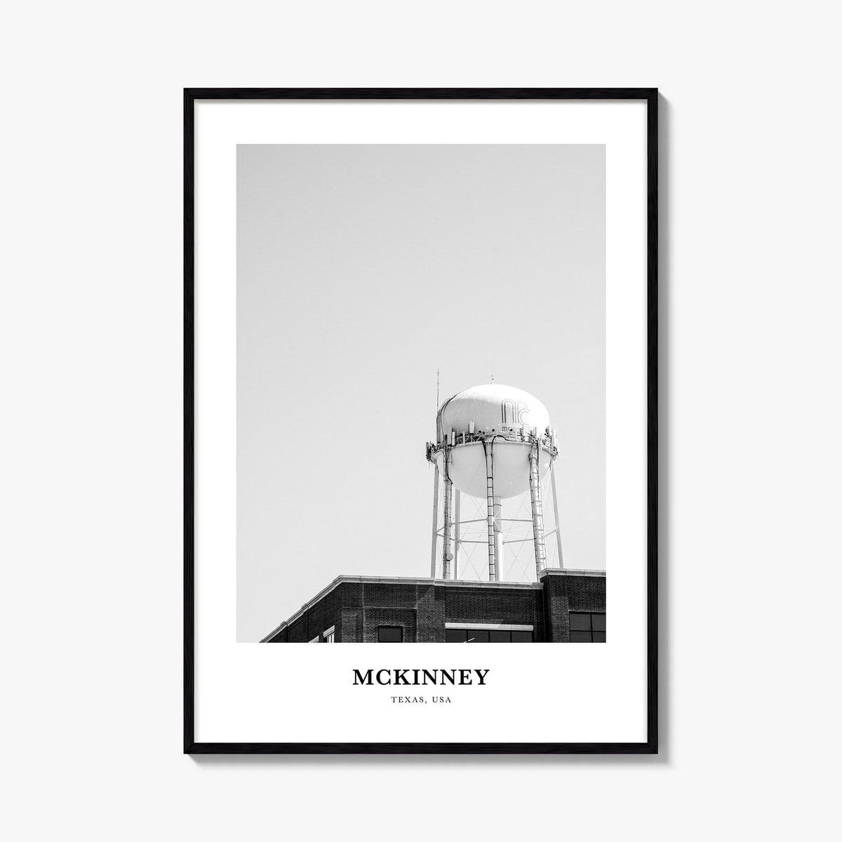 McKinney black & white classic poster of Texas, USA – vertical wall art, unframed print shown in interior mockup