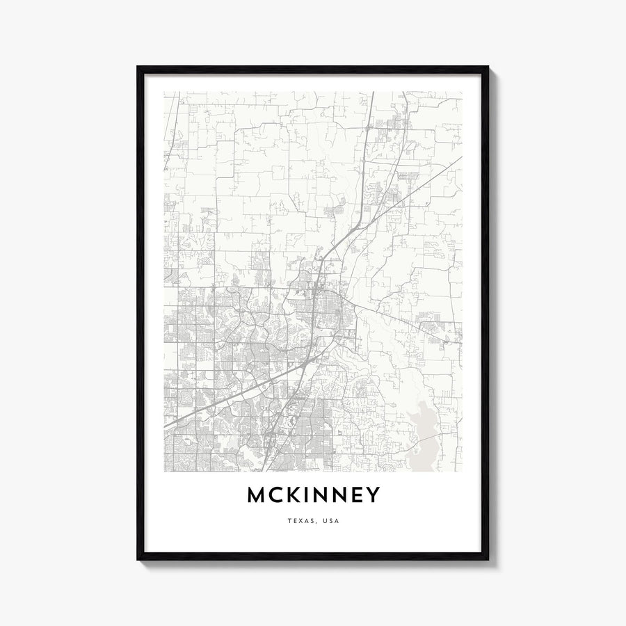 McKinney black & white map poster of Texas, USA – vertical wall art, unframed print shown in interior mockup