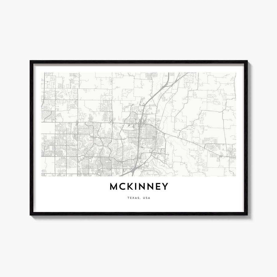 McKinney black & white map poster of Texas, USA – horizontal wall art, unframed print shown in interior mockup