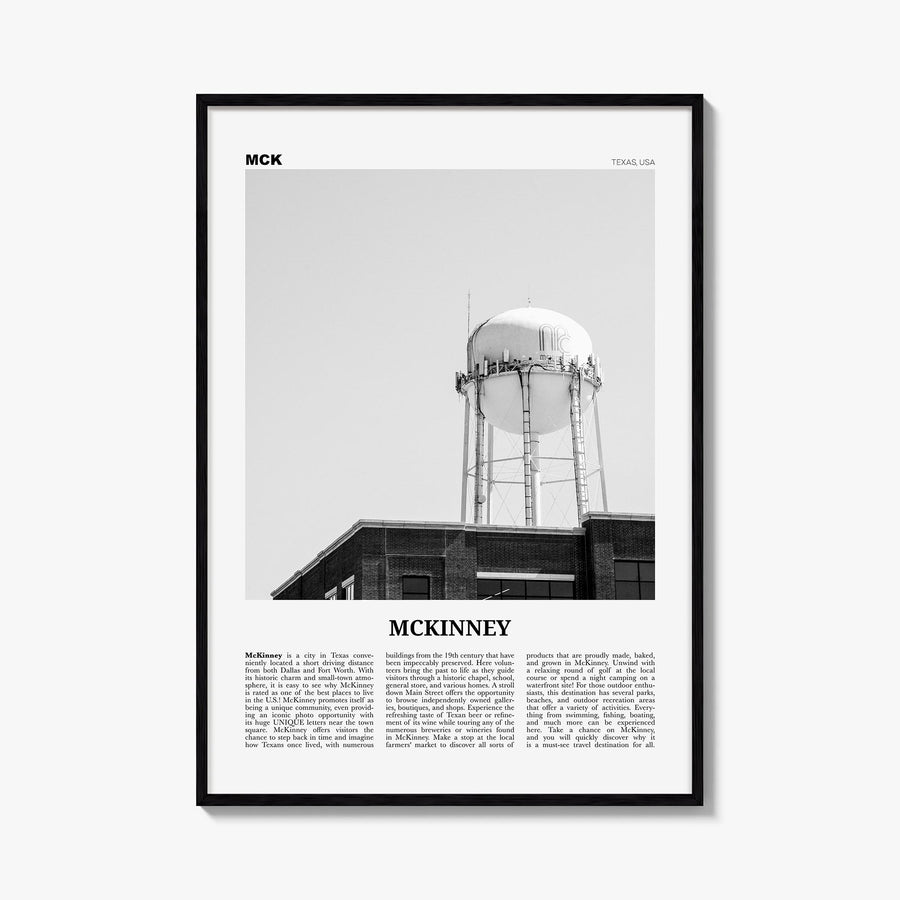 McKinney black & white newspaper poster of Texas, USA – vertical wall art, unframed print shown in interior mockup