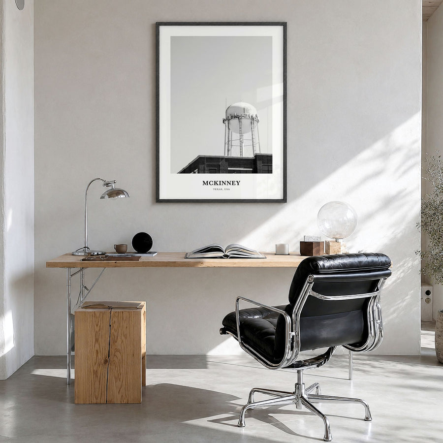 McKinney Classic Poster in a black wood frame, hanging in a bright home office