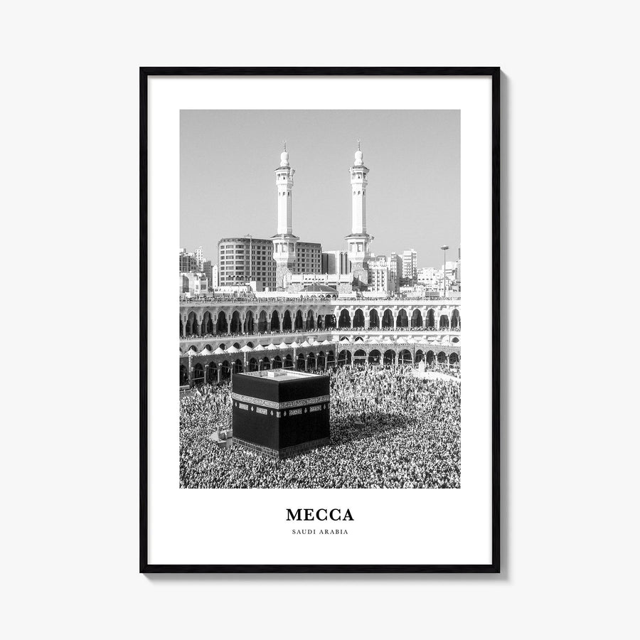 Mecca black & white classic poster of Saudi Arabia – vertical wall art, unframed print shown in interior mockup