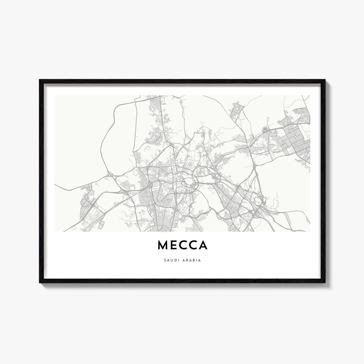 Mecca black & white map poster of Saudi Arabia – horizontal wall art, unframed print shown in interior mockup