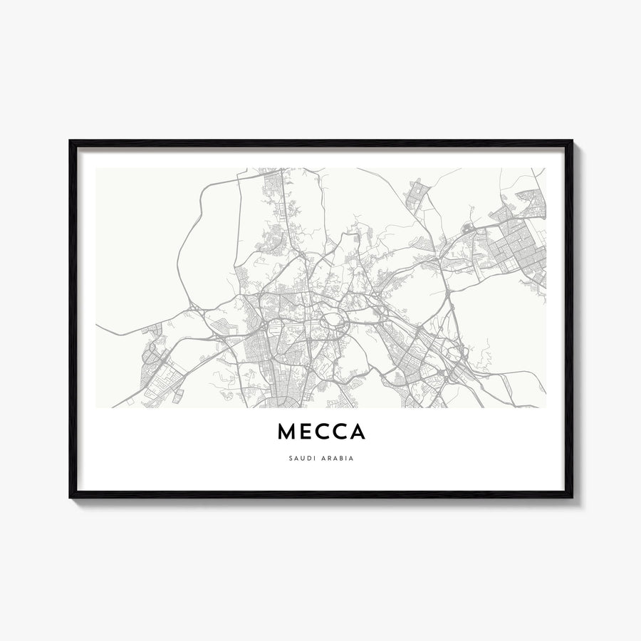 Mecca black & white map poster of Saudi Arabia – horizontal wall art, unframed print shown in interior mockup