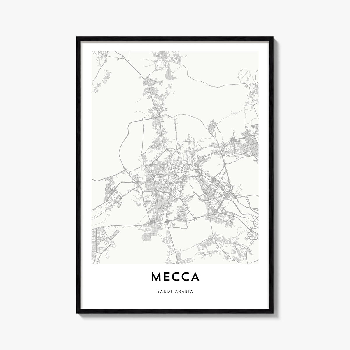 Mecca black & white map poster of Saudi Arabia – vertical wall art, unframed print shown in interior mockup