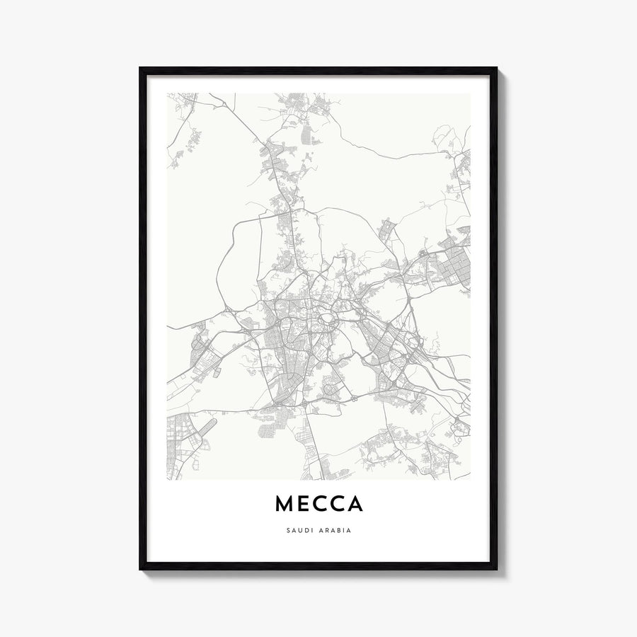 Mecca black & white map poster of Saudi Arabia – vertical wall art, unframed print shown in interior mockup