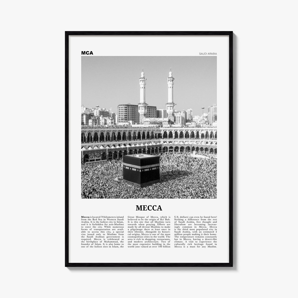 Mecca black & white newspaper poster of Saudi Arabia – vertical wall art, unframed print shown in interior mockup