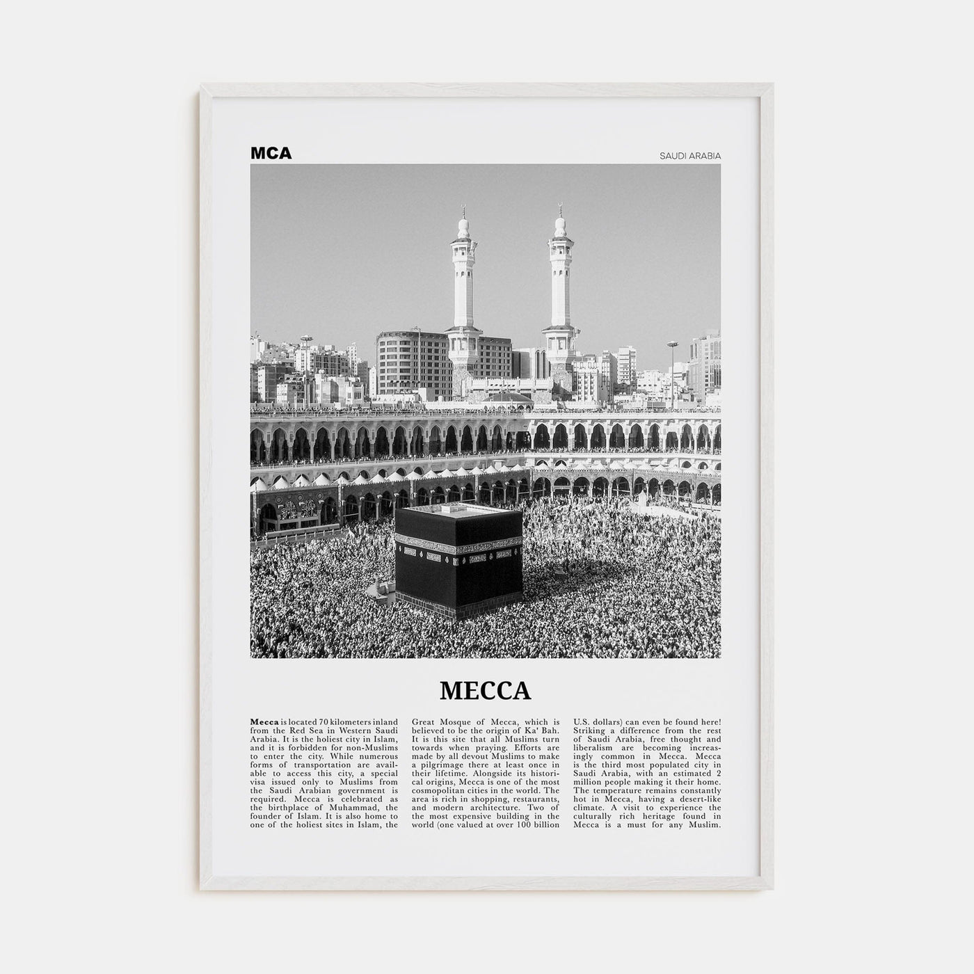 Mecca Poster White Wood / 8x12 in Nbourhood Travel B&W Poster