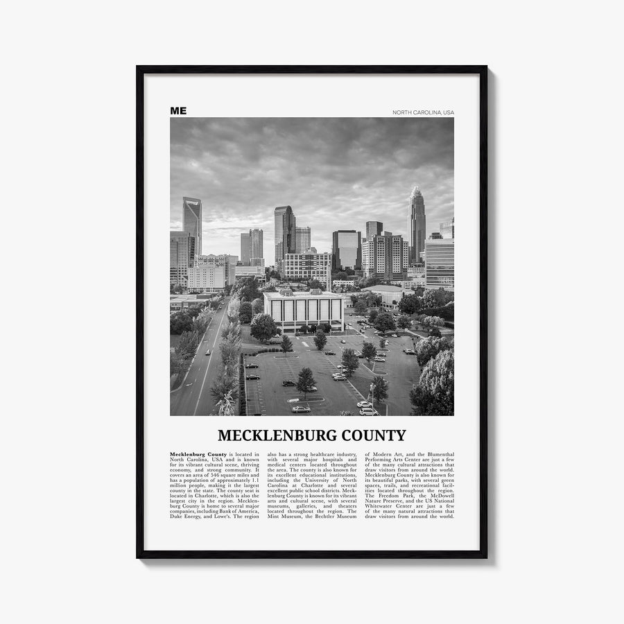 Mecklenburg County black & white newspaper poster of North Carolina, USA – vertical wall art, unframed print shown in interio