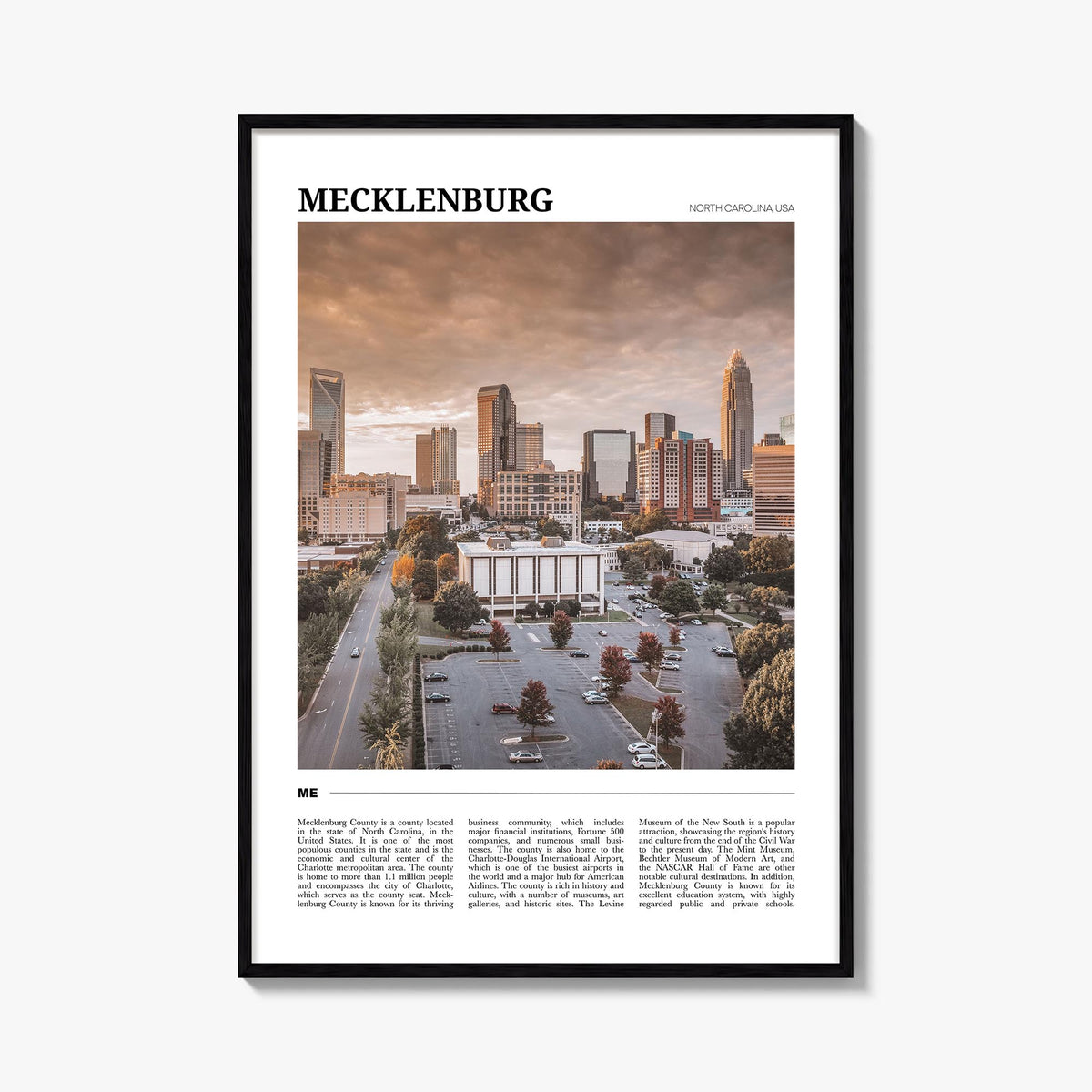 Mecklenburg County colorful travel poster of North Carolina, USA – vertical wall art, unframed print shown in interior mockup