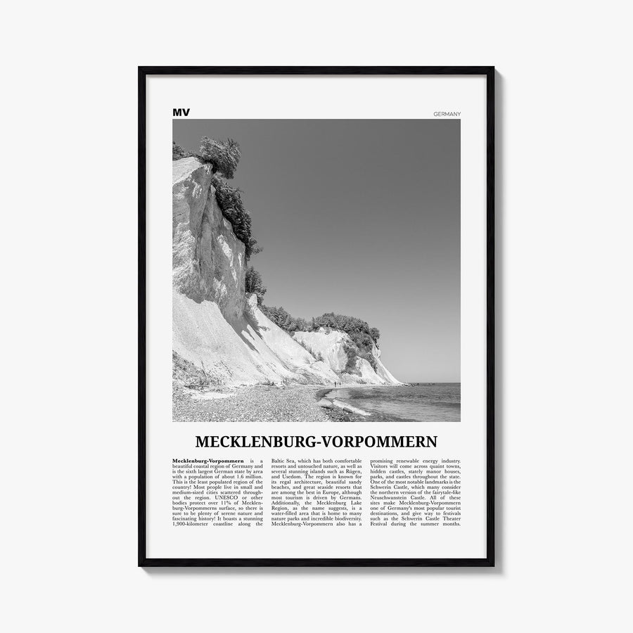 Mecklenburg-Vorpommern black & white newspaper poster of Germany – vertical wall art, unframed print shown in interior mockup