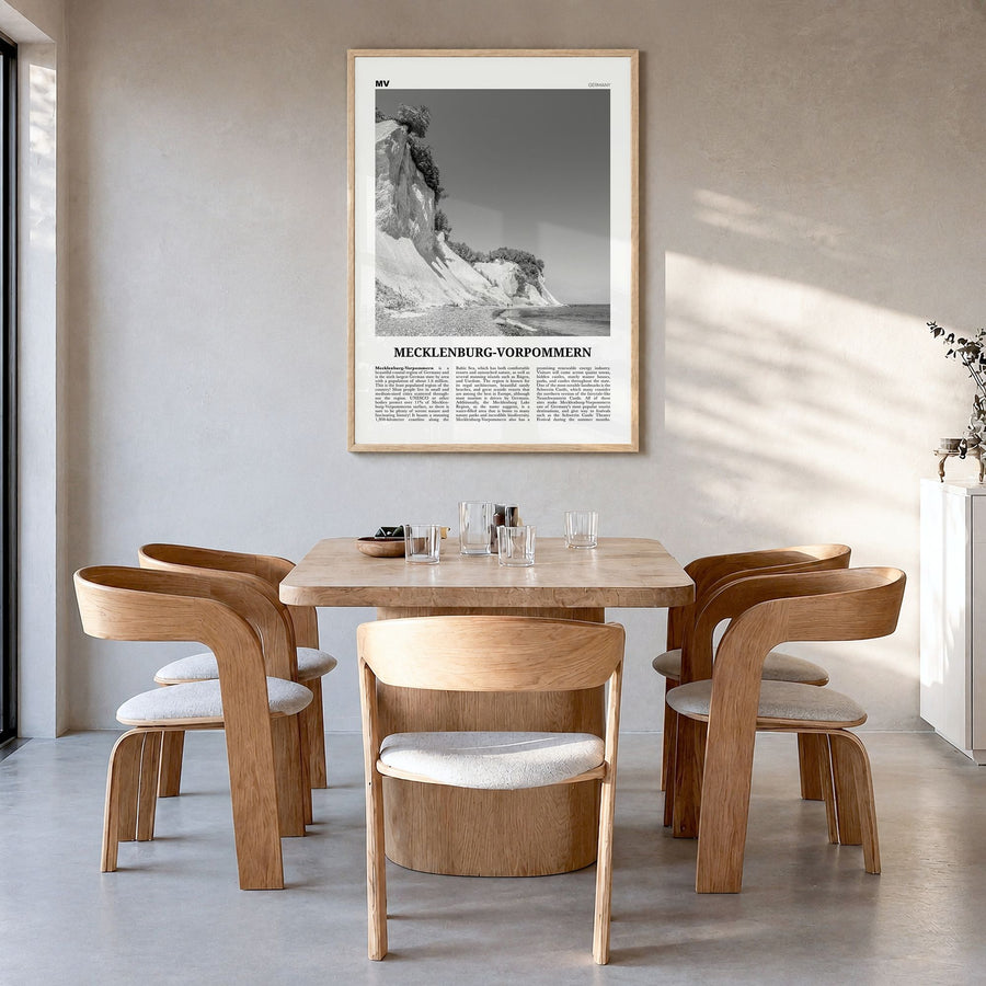Mecklenburg-Vorpommern Newspaper Poster in a natural wood frame, hanging in a dining room