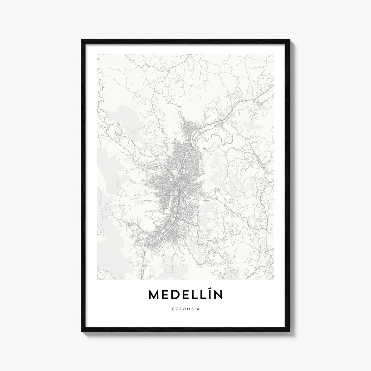 Medellín black & white map poster of Colombia – vertical wall art, unframed print shown in interior mockup