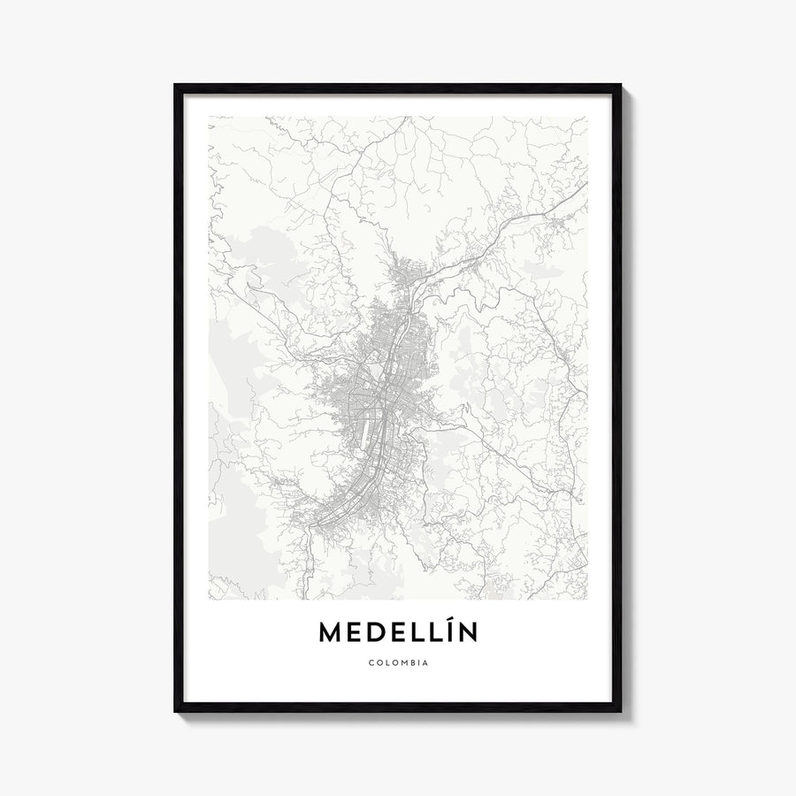 Medellín black & white map poster of Colombia – vertical wall art, unframed print shown in interior mockup