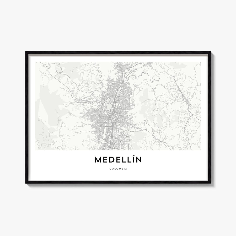 Medellín black & white map poster of Colombia – horizontal wall art, unframed print shown in interior mockup