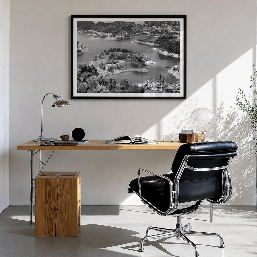 Medellín black & white photo poster of Colombia – horizontal wall art in black wood frame with white border, hanging on wall