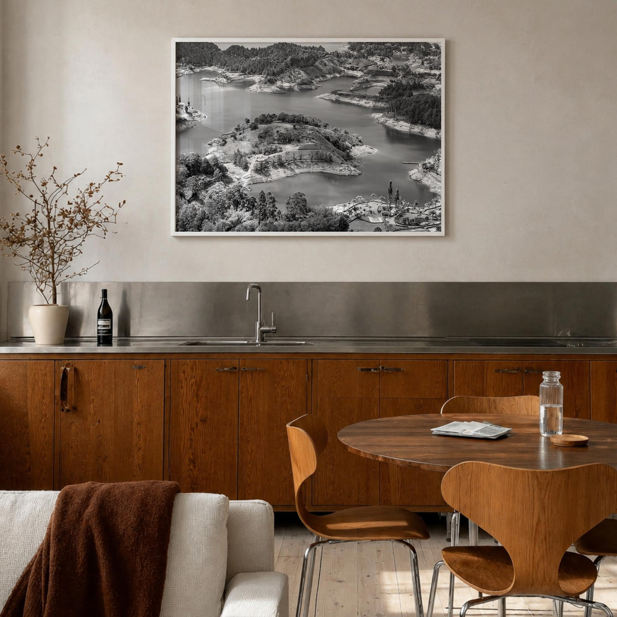 Medellín black & white photo poster of Colombia – horizontal wall art in white wood frame, hanging on wall