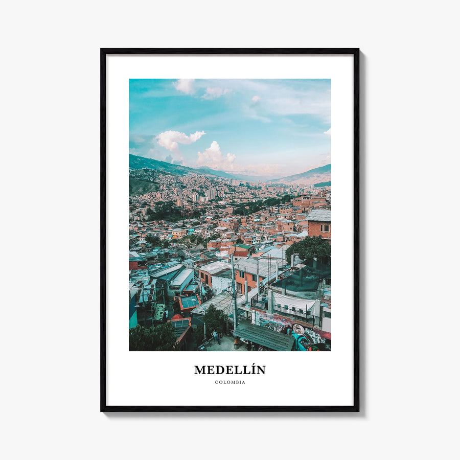 Medellín colorful classic poster of Colombia – vertical wall art, unframed print shown in interior mockup