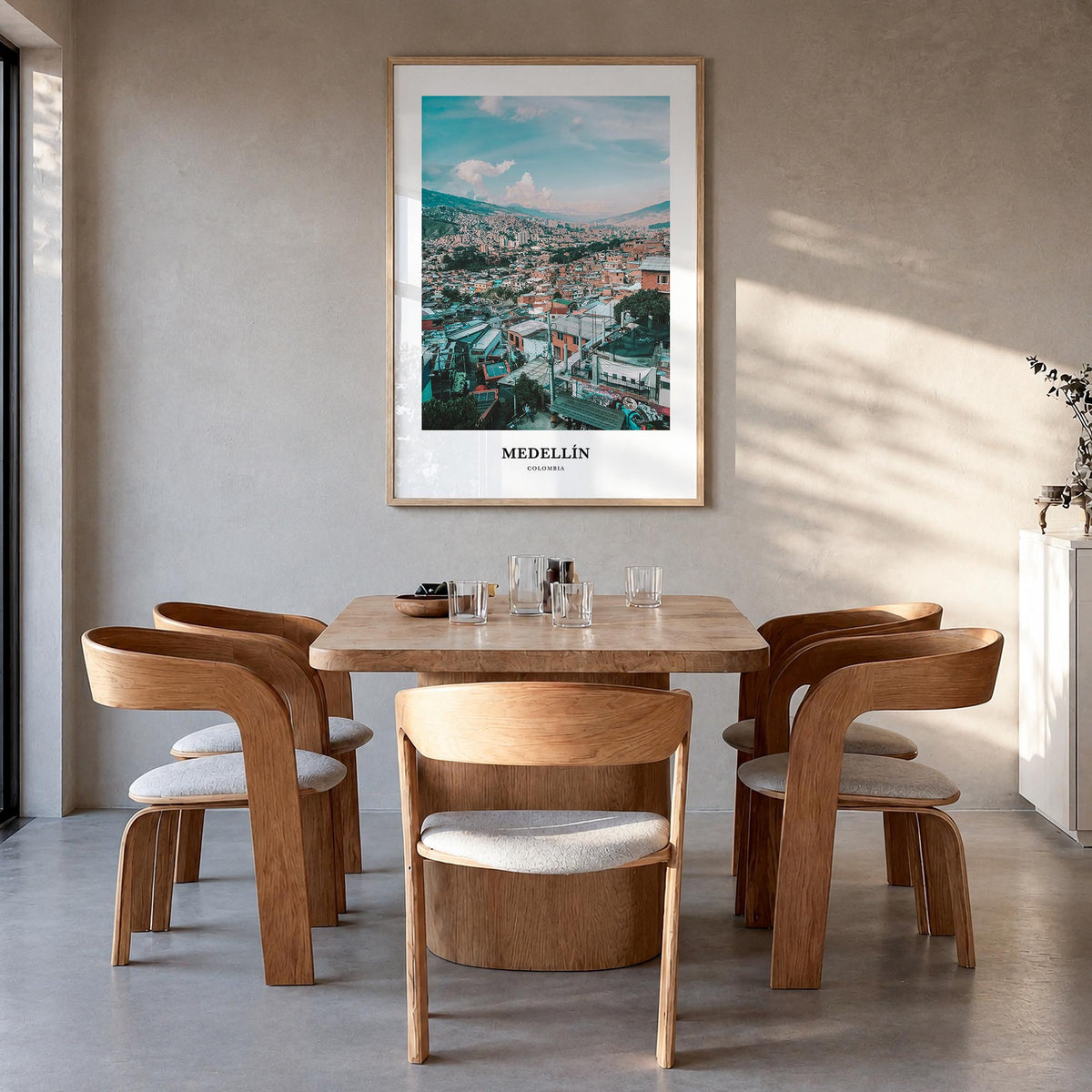 Medellín colorful classic poster of Colombia – vertical wall art in natural wood frame, hanging on wall
