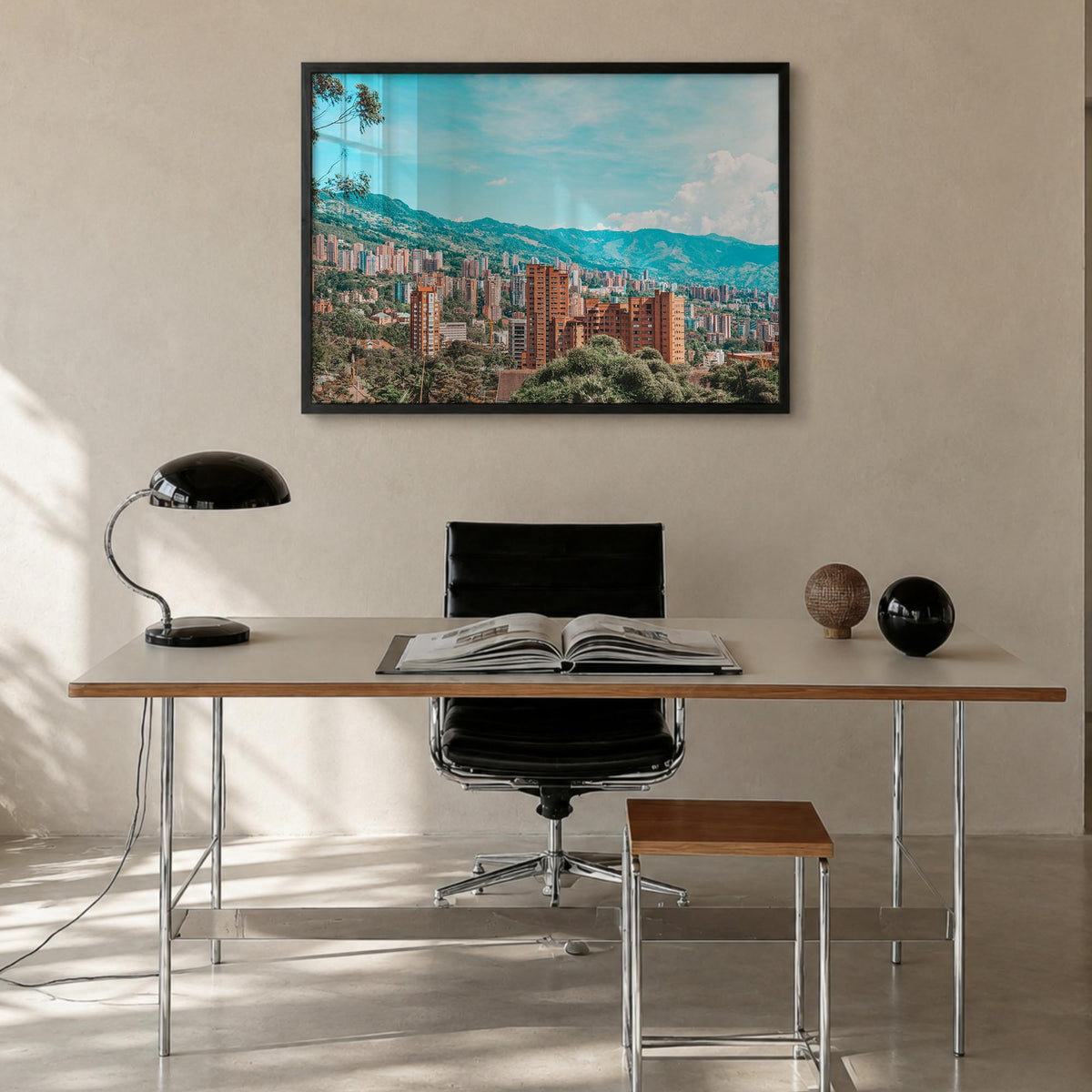 Medellín colorful photo poster of Colombia – horizontal wall art in black wood frame, hanging on wall