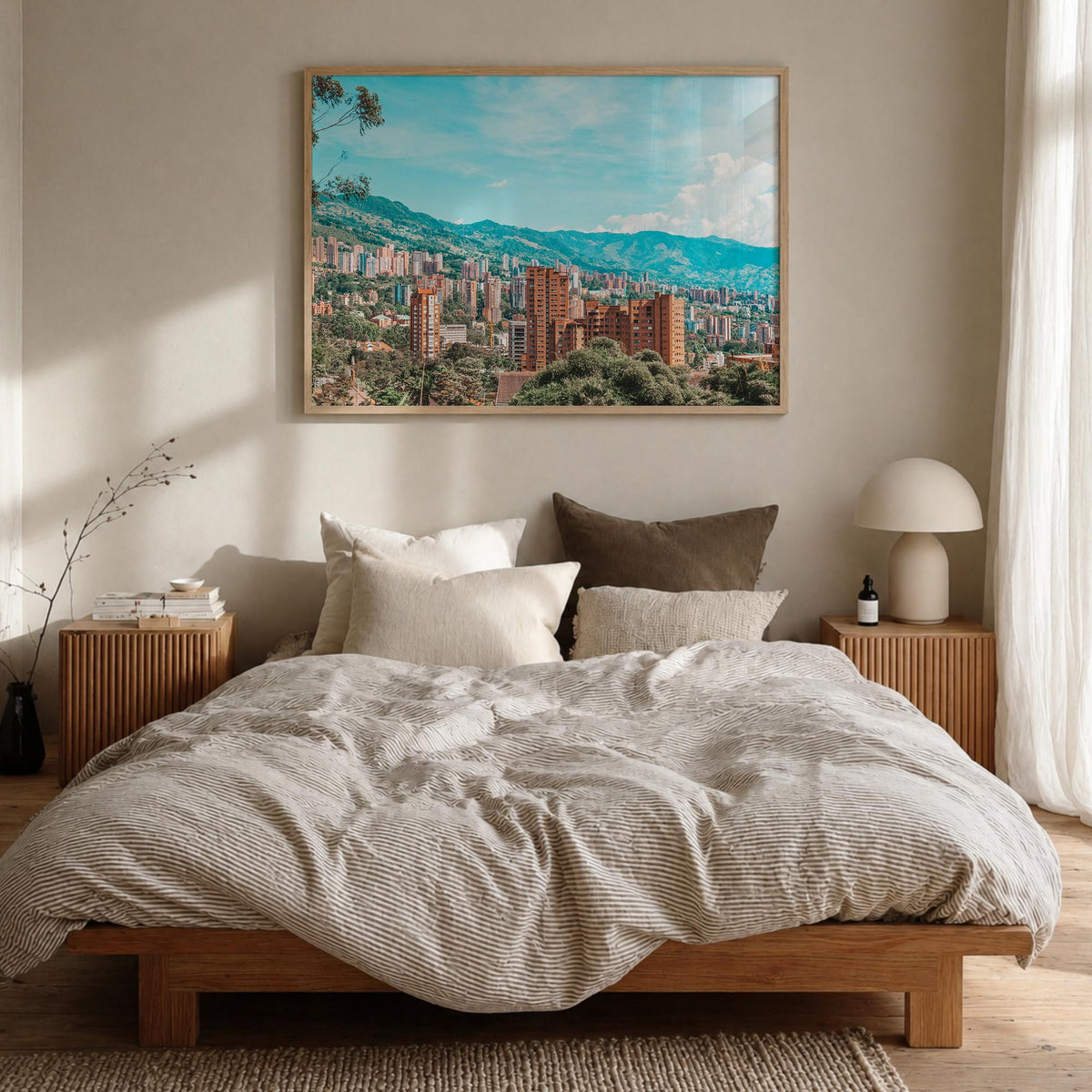 Medellín colorful photo poster of Colombia – horizontal wall art in natural wood frame, hanging on wall