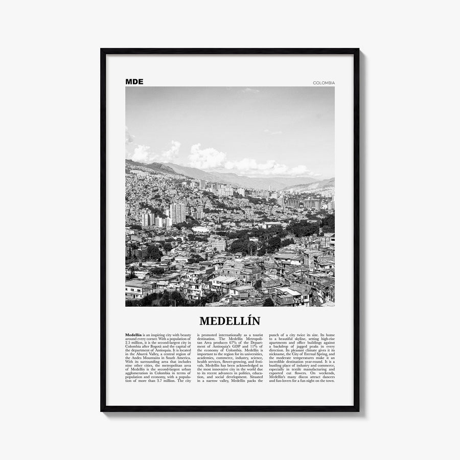 Medellín no. 1 black & white newspaper poster of Colombia – vertical wall art, unframed print shown in interior mockup