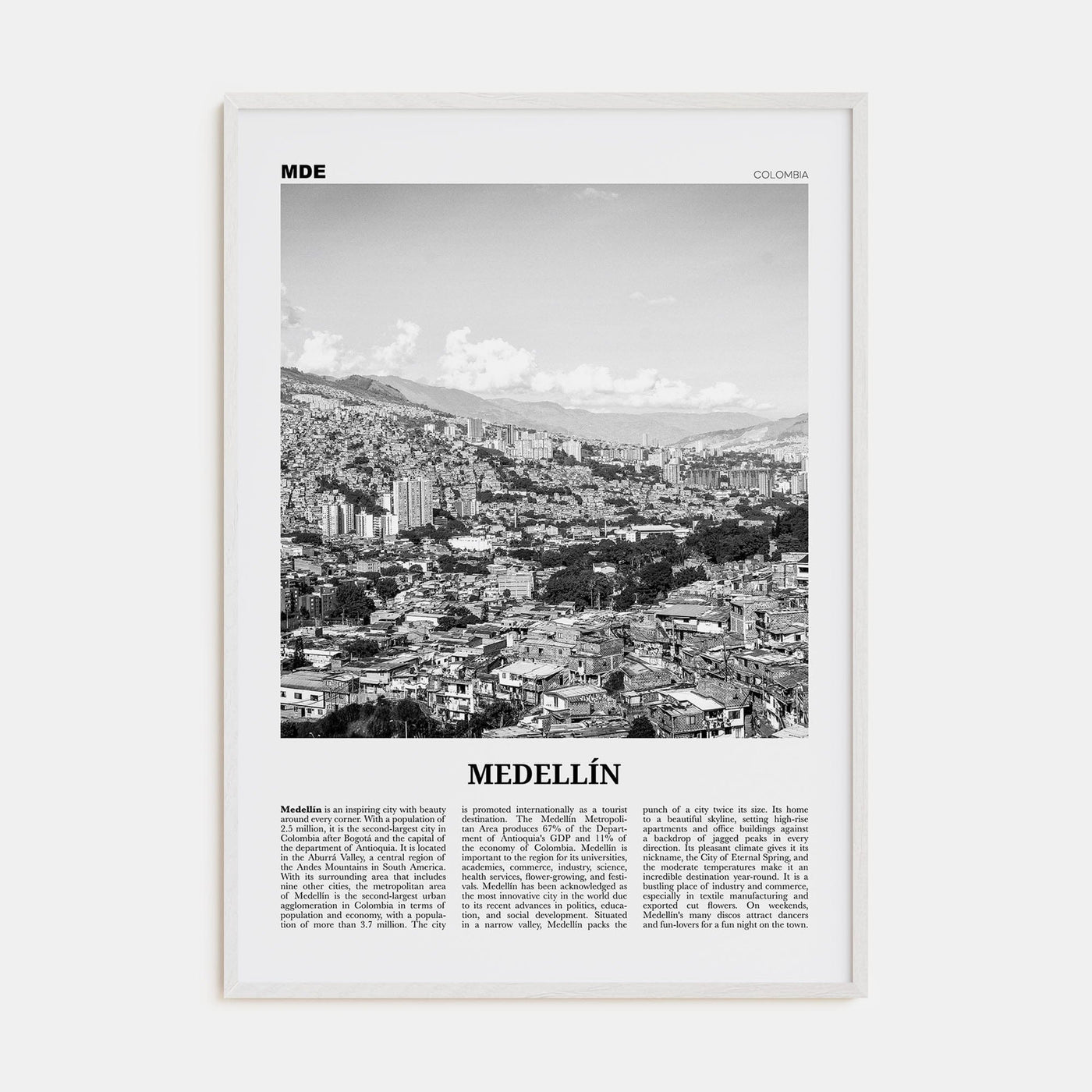 Medellín No 1 Poster White Wood / 8x12 in Nbourhood Travel B&W Poster