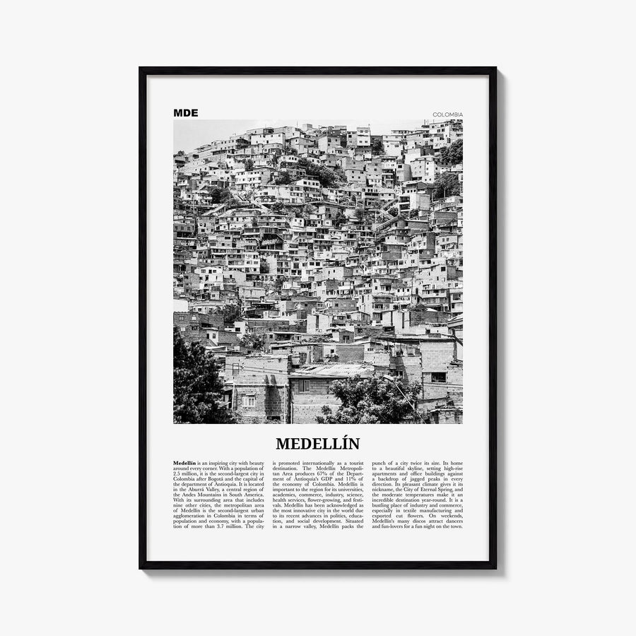 Medellín no. 2 black & white newspaper poster of Colombia – vertical wall art, unframed print shown in interior mockup