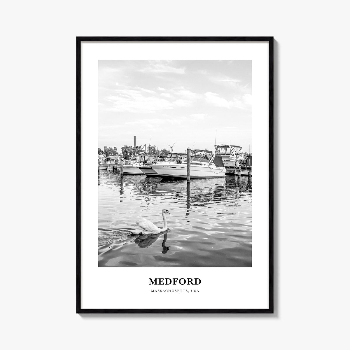 Medford, Massachusetts black & white classic poster of Massachusetts, USA – vertical wall art, unframed print shown in interi
