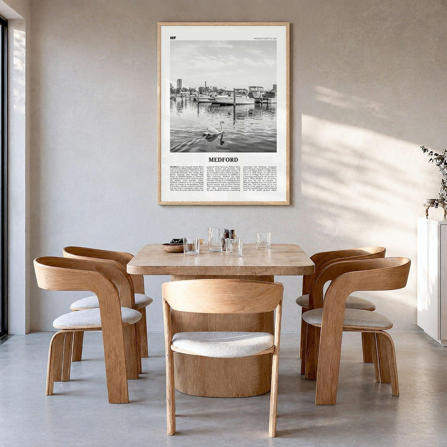 Medford, Massachusetts Newspaper Poster in a natural wood frame, hanging in a dining room