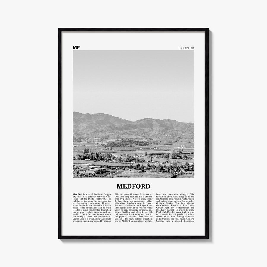 Medford, Oregon black & white newspaper poster of Oregon, USA – vertical wall art, unframed print shown in interior mockup