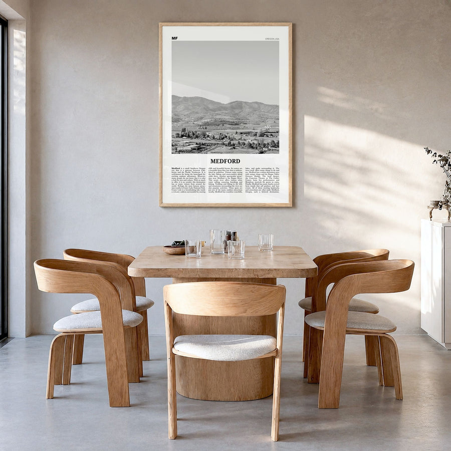 Medford, Oregon Newspaper Poster in a natural wood frame, hanging in a dining room